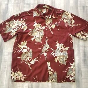 Hilo Hattie Bright Red floral Made Hawaii BUTTON UP CAMP SHIRT Large L  Aloha